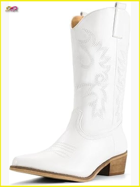 Shoes - Western Embroidered Chunky Low Heel Pointed Toe Mid Calf Cowgirl Booties Boots